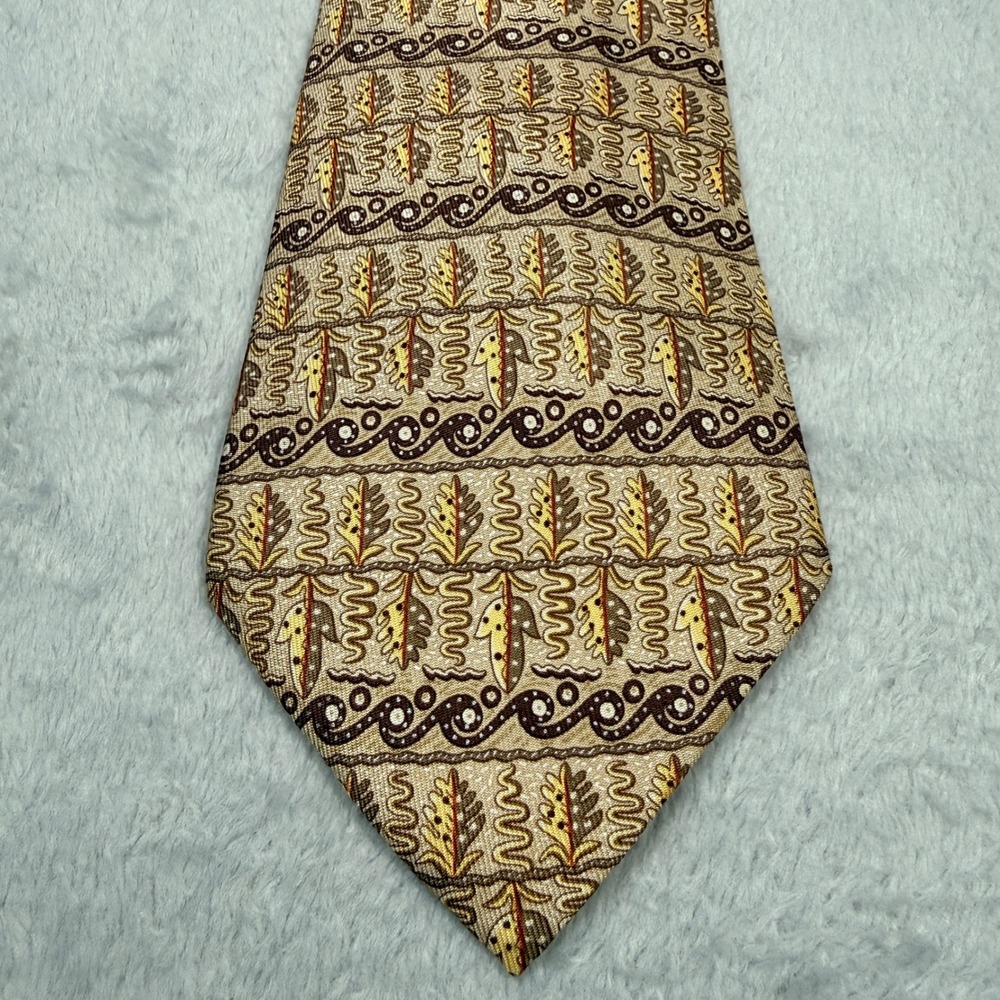 Hermes Silk Tie Mens OS Tan Brown 7718 OA Leaf Geometric Pattern Made in France - Picture 5 of 7